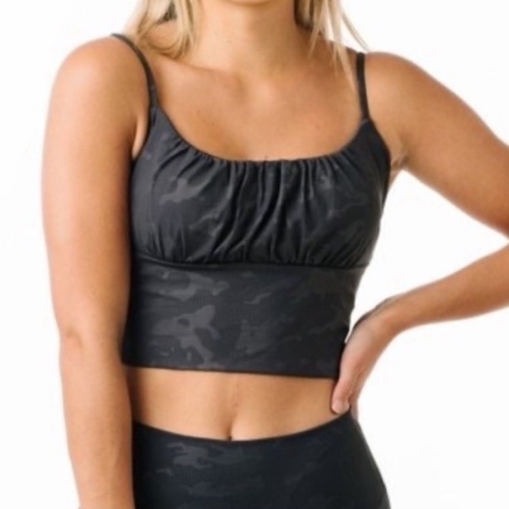 Zyia Gray Battleship Camouflage Luxe Rouched Crop Top